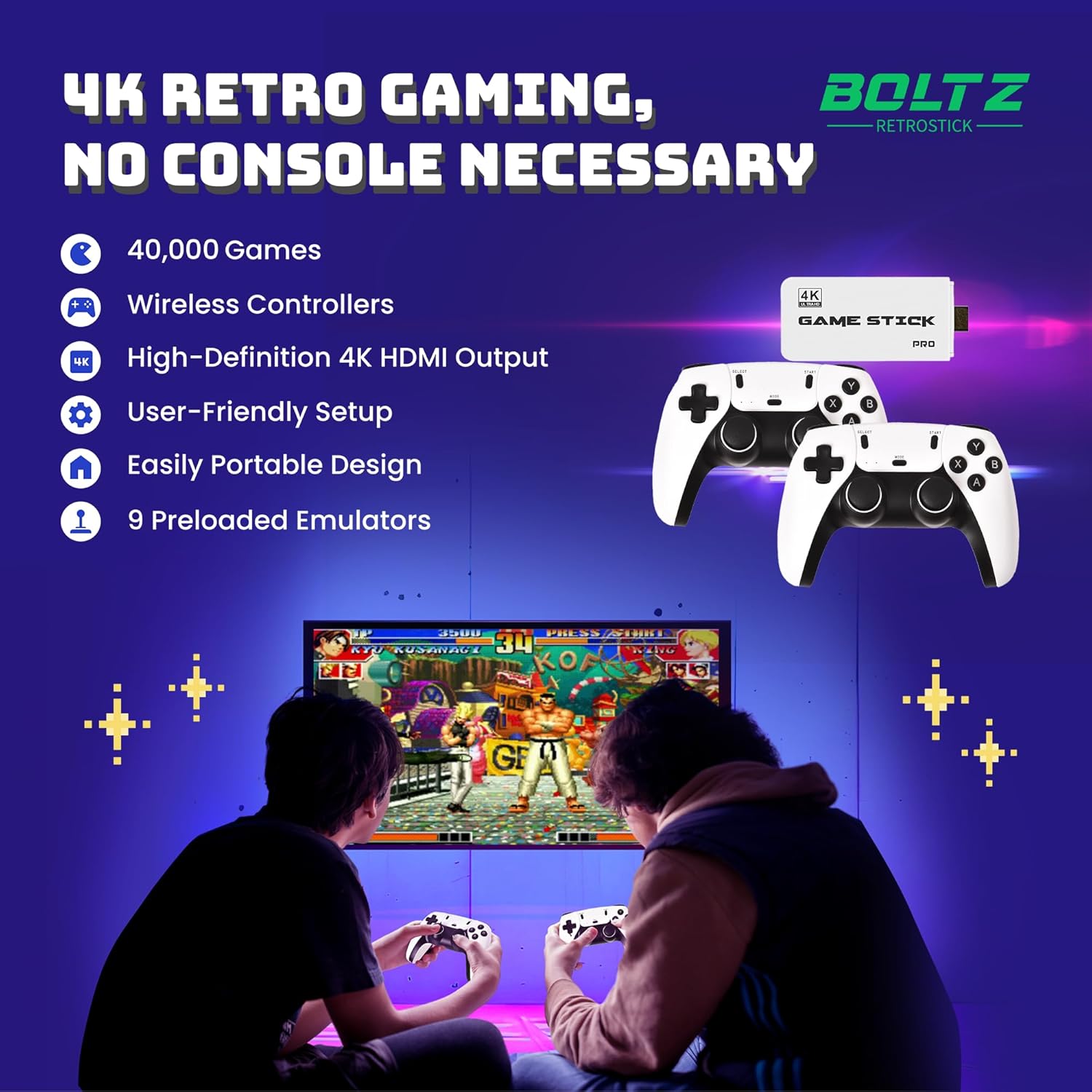 Boltz Retro Stick Gaming Stick – Retro Gaming Console with 40,000+ Classic Video Games, 9 Emulators, 128GB Storage, Plug & Play 4K HDMI Output, Includes 2 Wireless 2.4GHz Controllers